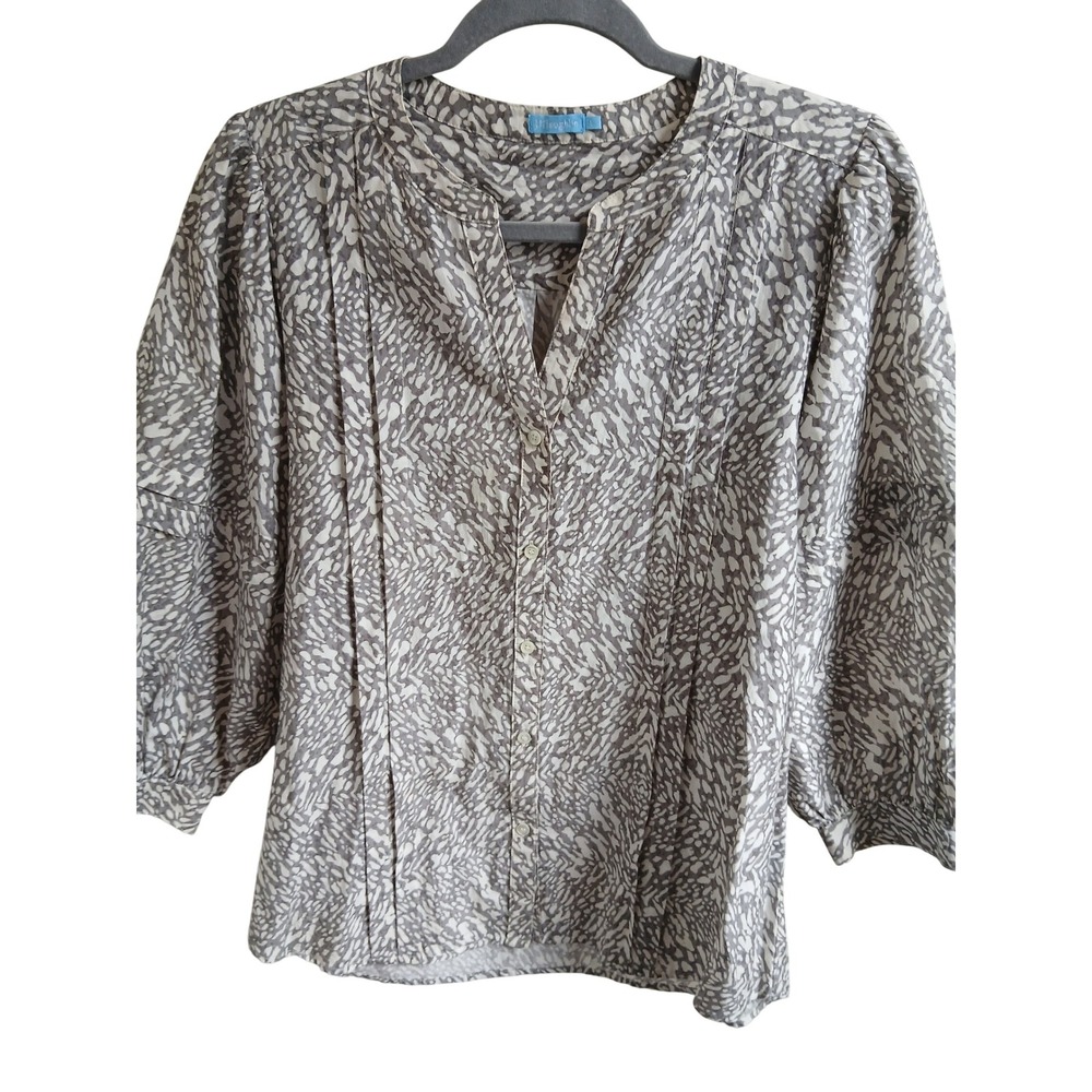 J. McLaughlin Women's‎ pintuck Print 3/4 Sleeve Silk Linen Blend Button Top L